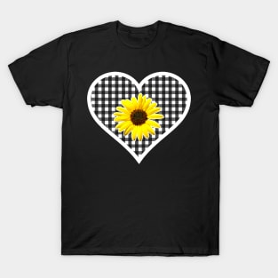 White and Black Gingham Heart with Yellow Daisy T-Shirt